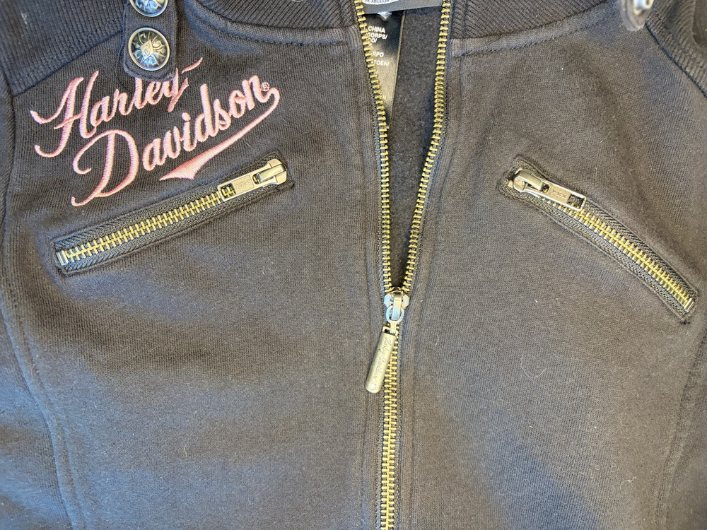 Harley Davidson Zip Up Jacket Black Pink Embroidered Womens Size Small - Picture 6 of 8
